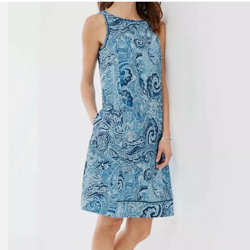 NWT J Jill Petite Love Linen Blue Paisley Shift Dress